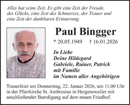 Traueranzeige von Paul Bingger von Der Westallgäuer