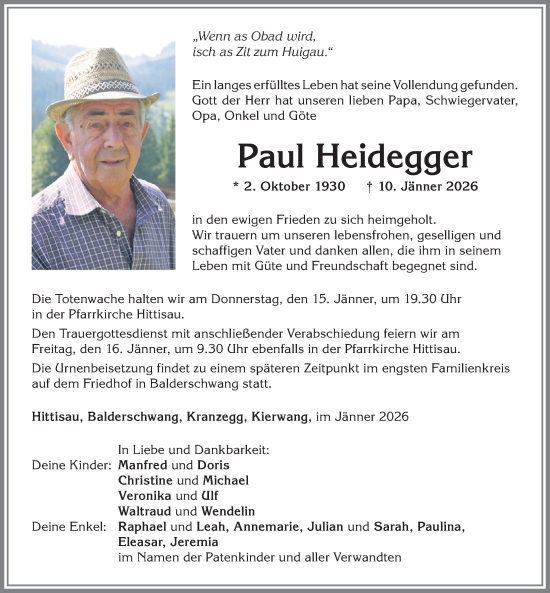 Traueranzeige von Paul Heidegger von Allgäuer Anzeigeblatt