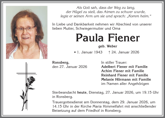 Traueranzeige von Paula Fiener von Allgäuer Zeitung, Marktoberdorf