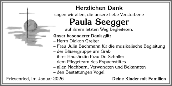Traueranzeige von Paula Seegger von Allgäuer Zeitung, Kaufbeuren/Buchloe