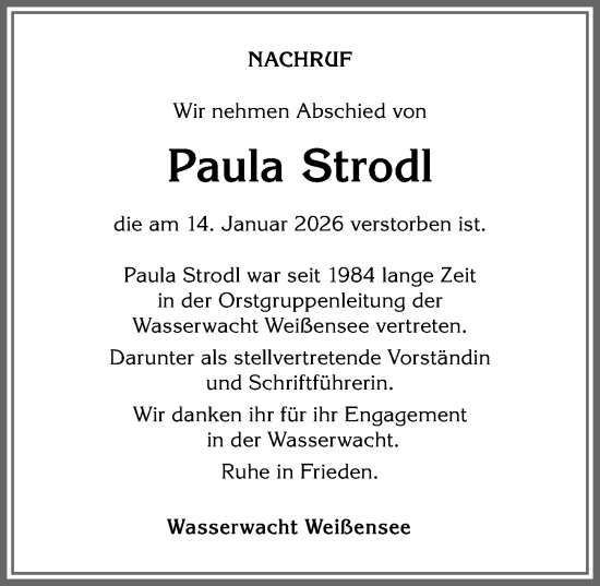Traueranzeige von Paula Strodl von Allgäuer Zeitung, Füssen