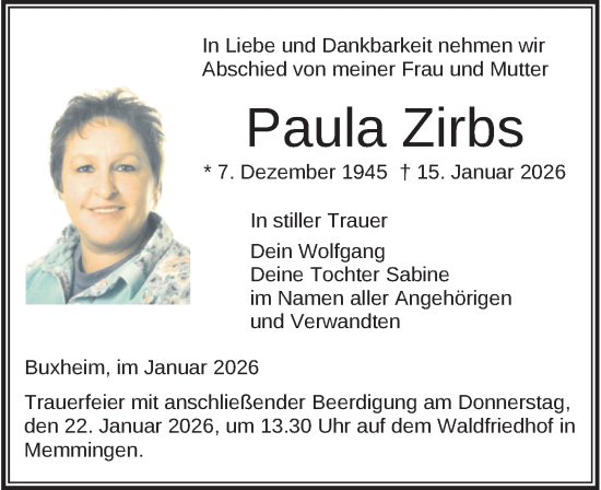 Traueranzeige von Paula Zirbs von Memminger Zeitung