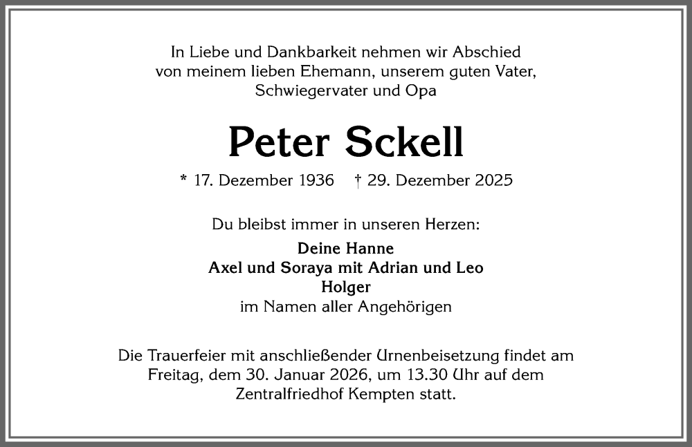  Traueranzeige für Peter Sckell vom 24.01.2026 aus Allgäuer Zeitung,Kempten