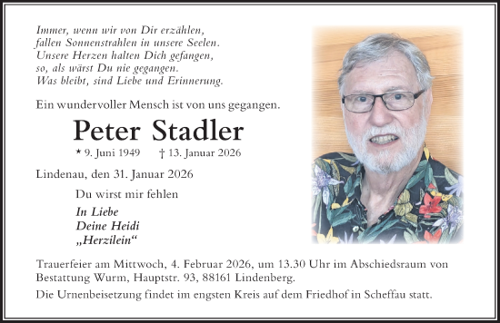 Traueranzeige von Peter Stadler von Der Westallgäuer