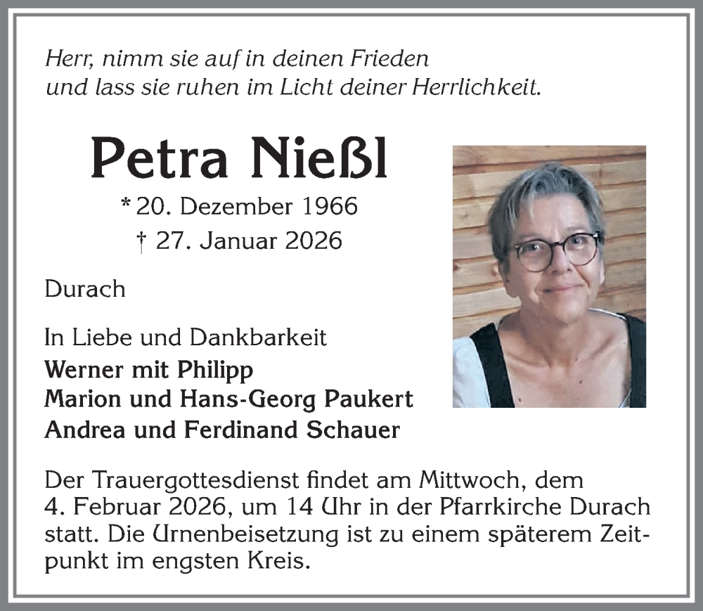 Traueranzeige für Petra Nießl vom 31.01.2026 aus Allgäuer Zeitung,Kempten
