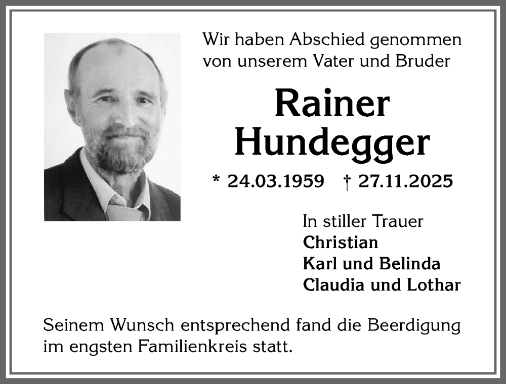  Traueranzeige für Rainer Hundegger vom 31.01.2026 aus Memminger Zeitung