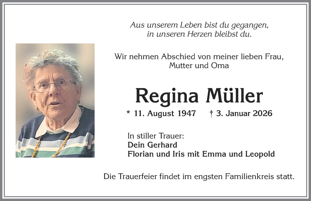  Traueranzeige für Regina Müller vom 10.01.2026 aus Allgäuer Zeitung,Kempten