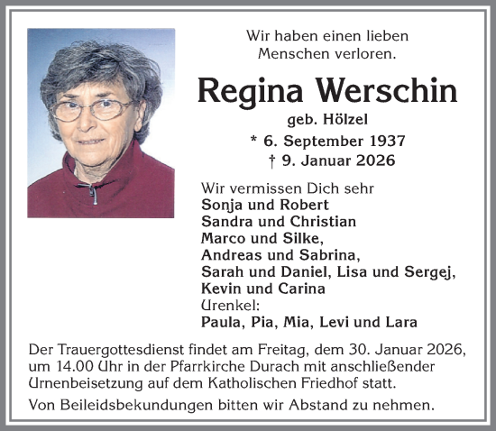 Traueranzeige von Regina Werschin von Allgäuer Zeitung,Kempten