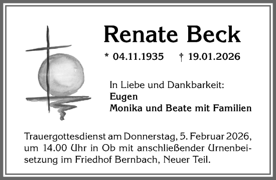 Traueranzeige von Renate Beck von Allgäuer Zeitung, Marktoberdorf