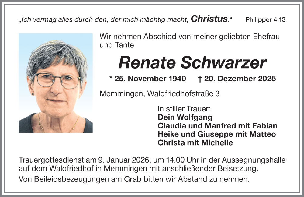  Traueranzeige für Renate Schwarzer vom 03.01.2026 aus Memminger Zeitung