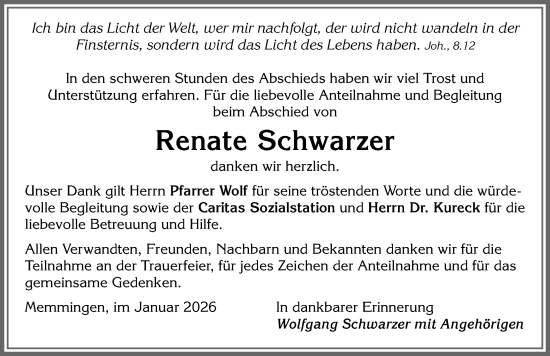 Traueranzeige von Renate Schwarzer von Memminger Zeitung