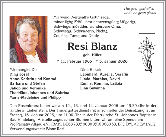 Traueranzeige von Resi Blanz von Allgäuer Anzeigeblatt
