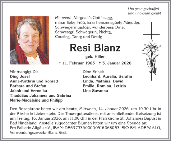 Traueranzeige von Resi Blanz von Allgäuer Zeitung, Füssen