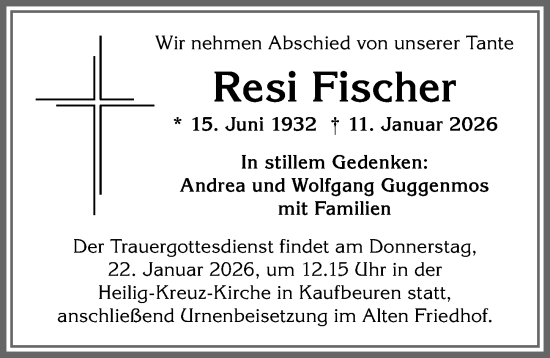 Traueranzeige von Resi Fischer von Allgäuer Zeitung, Marktoberdorf
