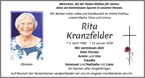 Traueranzeige von Rita Kranzfelder von Allgäuer Zeitung, Füssen