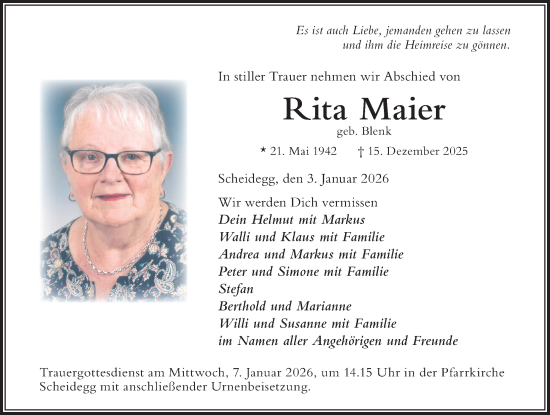 Traueranzeige von Rita Maier von Der Westallgäuer