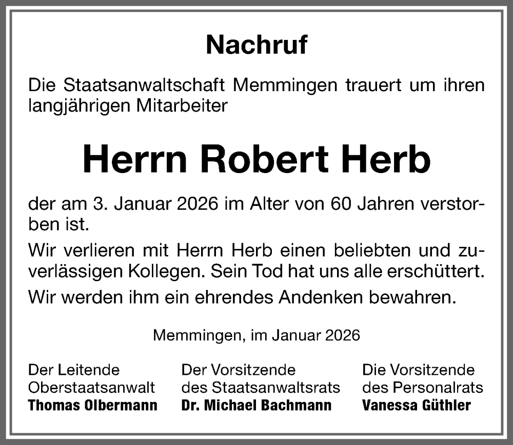  Traueranzeige für Robert Herb vom 17.01.2026 aus Memminger Zeitung