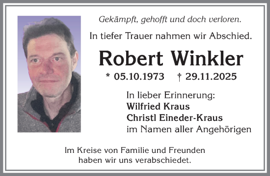 Traueranzeige von Robert Winkler von Allgäuer Zeitung,Kempten