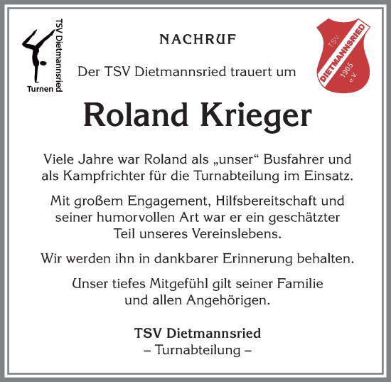 Traueranzeige von Roland Krieger von Allgäuer Zeitung,Kempten