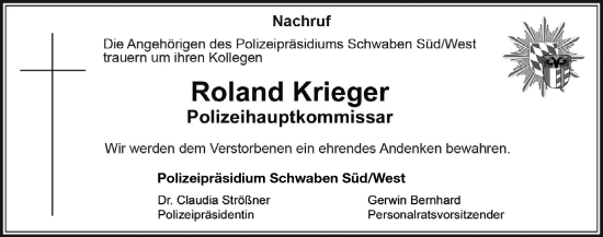 Traueranzeige von Roland Krieger von Allgäuer Zeitung,Kempten