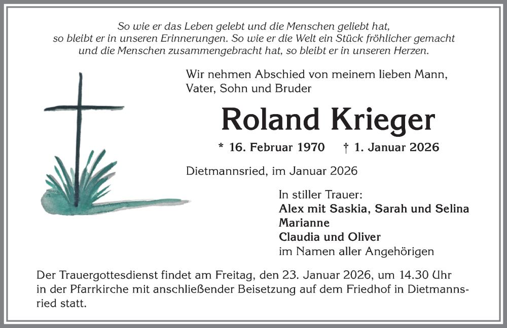  Traueranzeige für Roland Krieger vom 17.01.2026 aus Allgäuer Zeitung,Kempten