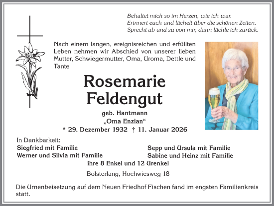 Traueranzeige von Rosemarie Feldengut von Allgäuer Anzeigeblatt