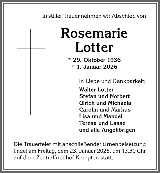Traueranzeige von Rosemarie Lotter von Allgäuer Zeitung,Kempten
