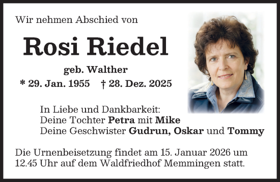 Traueranzeige von Rosi Riedel von Memminger Zeitung