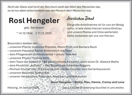 Traueranzeige von Rosl Hengeler von Allgäuer Zeitung, Gesamtausgabe