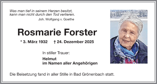 Traueranzeige von Rosmarie Forster von Memminger Zeitung
