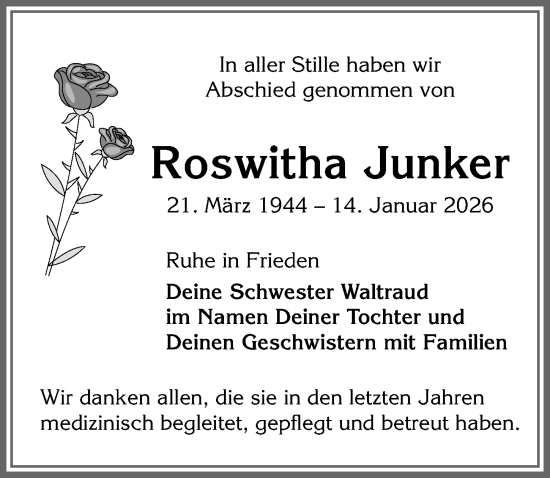 Traueranzeige von Roswitha Junker von Allgäuer Zeitung,Kempten
