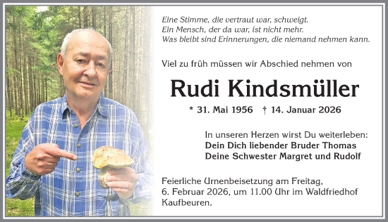 Traueranzeige von Rudi Kindsmüller von Allgäuer Zeitung, Kaufbeuren/Buchloe