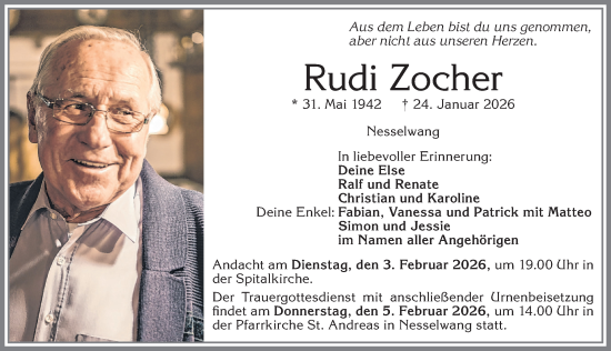 Traueranzeige von Rudi Zocher von Allgäuer Zeitung, Füssen
