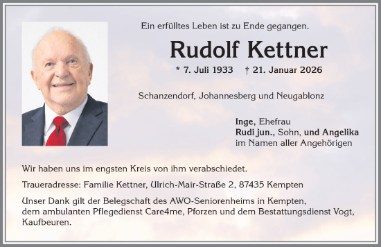 Traueranzeige von Rudolf Kettner von Allgäuer Zeitung, Kaufbeuren/Buchloe