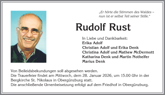 Traueranzeige von Rudolf Rust von Allgäuer Zeitung, Kaufbeuren/Buchloe
