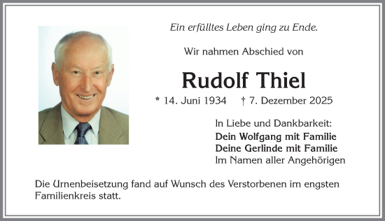 Traueranzeige von Rudolf Thiel von Allgäuer Zeitung,Kempten