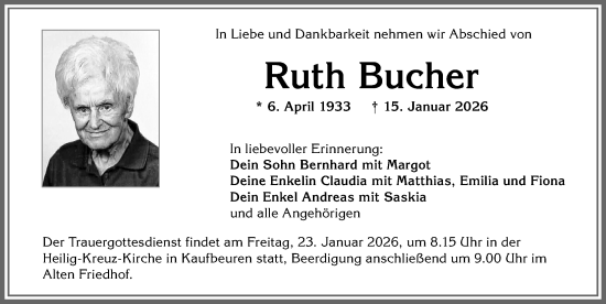 Traueranzeige von Ruth Bucher von Allgäuer Zeitung, Kaufbeuren/Buchloe