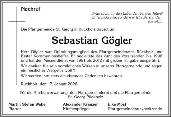 Traueranzeige von Sebastian Gögler von Allgäuer Zeitung, Füssen