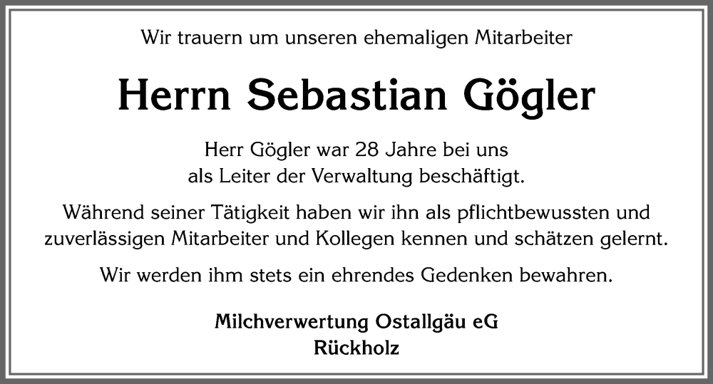  Traueranzeige für Sebastian Gögler vom 21.01.2026 aus Allgäuer Zeitung, Füssen