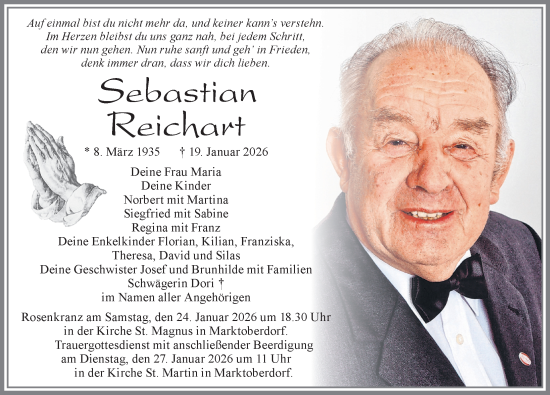 Traueranzeige von Sebastian Reichart von Allgäuer Zeitung, Marktoberdorf
