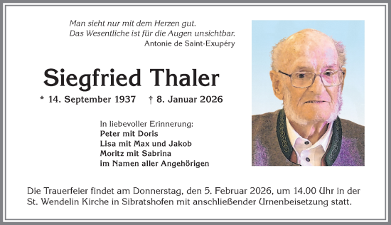 Traueranzeige von Siegfried Thaler von Allgäuer Zeitung,Kempten