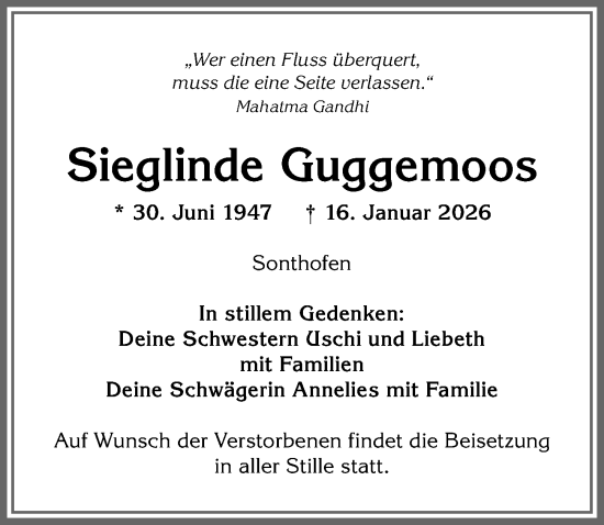 Traueranzeige von Sieglinde Guggemoos von Allgäuer Anzeigeblatt