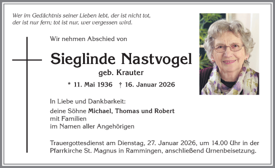 Traueranzeige von Sieglinde Nastvogel von Augsburger Allgemeine, Landsberger Tagblatt