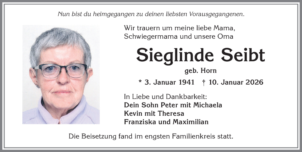  Traueranzeige für Sieglinde Seibt vom 24.01.2026 aus Allgäuer Zeitung, Kaufbeuren/Buchloe
