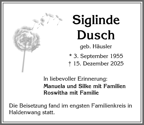 Traueranzeige von Siglinde Dusch von Allgäuer Zeitung,Kempten