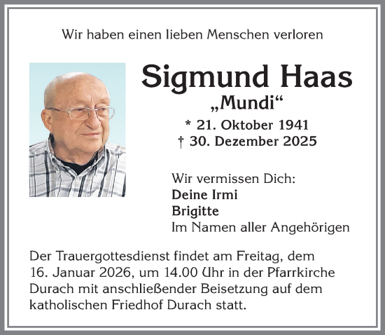 Traueranzeige von Sigmund Haas von Allgäuer Zeitung,Kempten