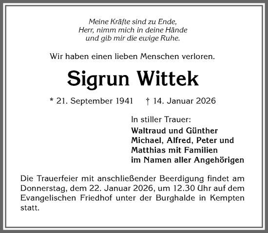 Traueranzeige von Sigrun Wittek von Allgäuer Zeitung,Kempten