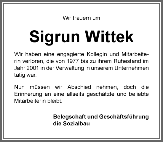 Traueranzeige von Sigrun Wittek von Allgäuer Zeitung,Kempten