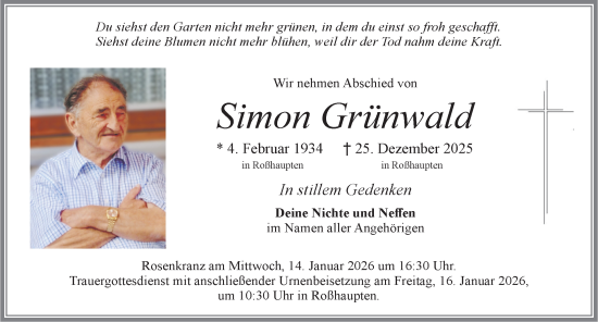 Traueranzeige von Simon Grünwald von Allgäuer Zeitung, Füssen