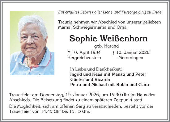 Traueranzeige von Sophie Weißenhorn von Memminger Zeitung